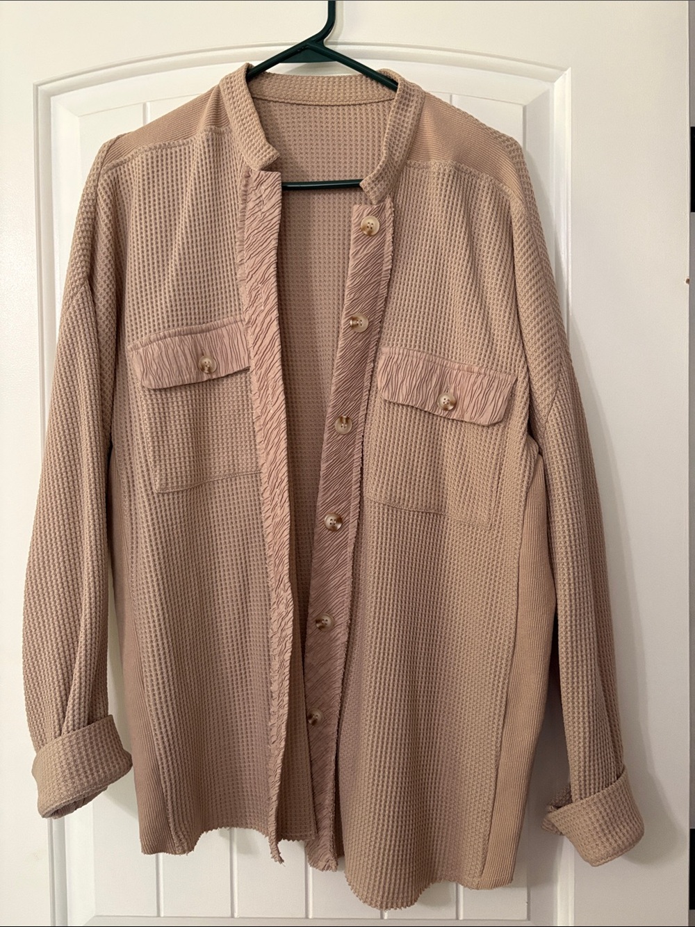 SHEIN Beige Taupe Textured Button-Down Waffle Shirt